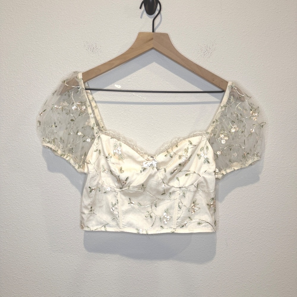 Womens Floral Fairy Crop Sheer Embroidered Puff Sleeve Boho Ren Faire Size S
